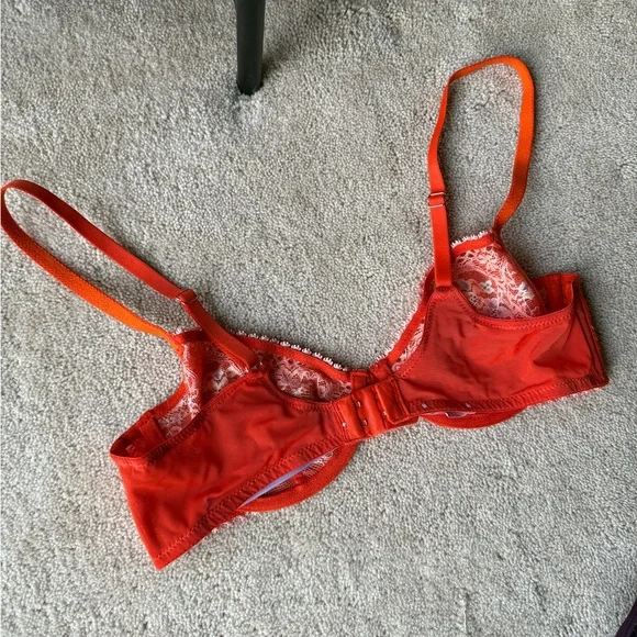 Savage X Fenty Dolled Up Lace Demi Bra Tagged 34A fits 34B/C Stretchy Orange - Picture 6 of 8